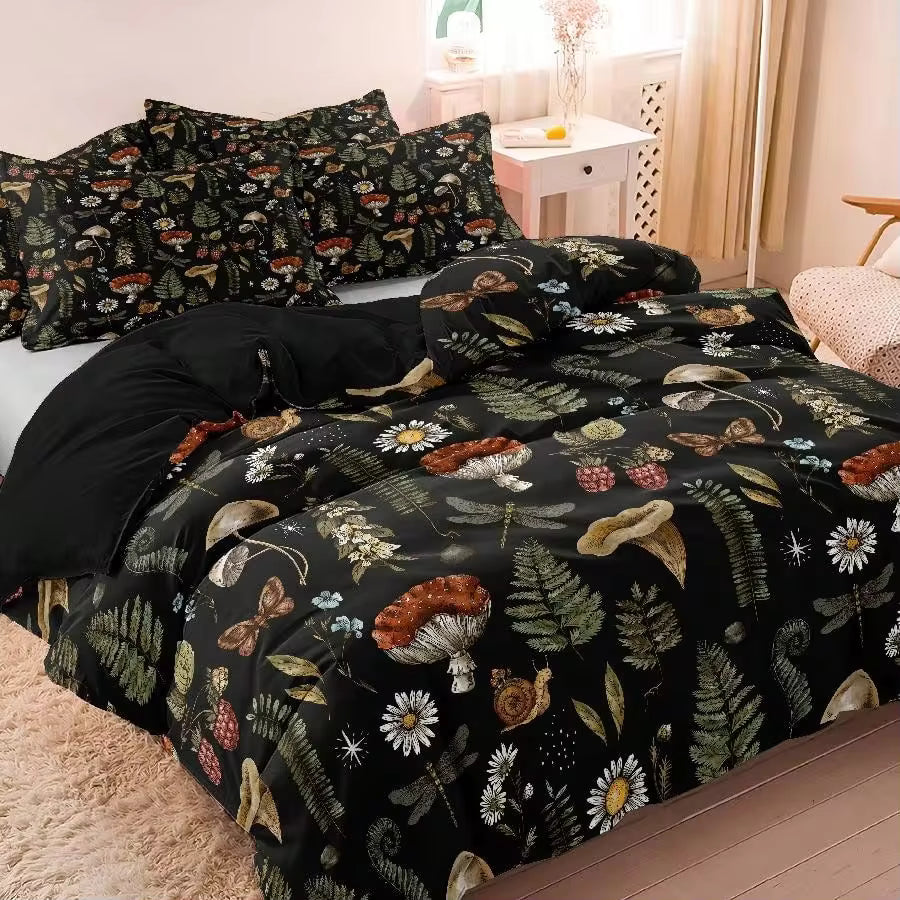 3pcs Polyester Mushroom Forest Floral Print Bedding Duvet Cover Set, Suitable For Bedroom, Guest Room. Lightweight, Soft And Comfortable Duvet Cover, Gift For Family And Friends (1*Duvet Cover + 2*Pillowcases, Without Inserts)