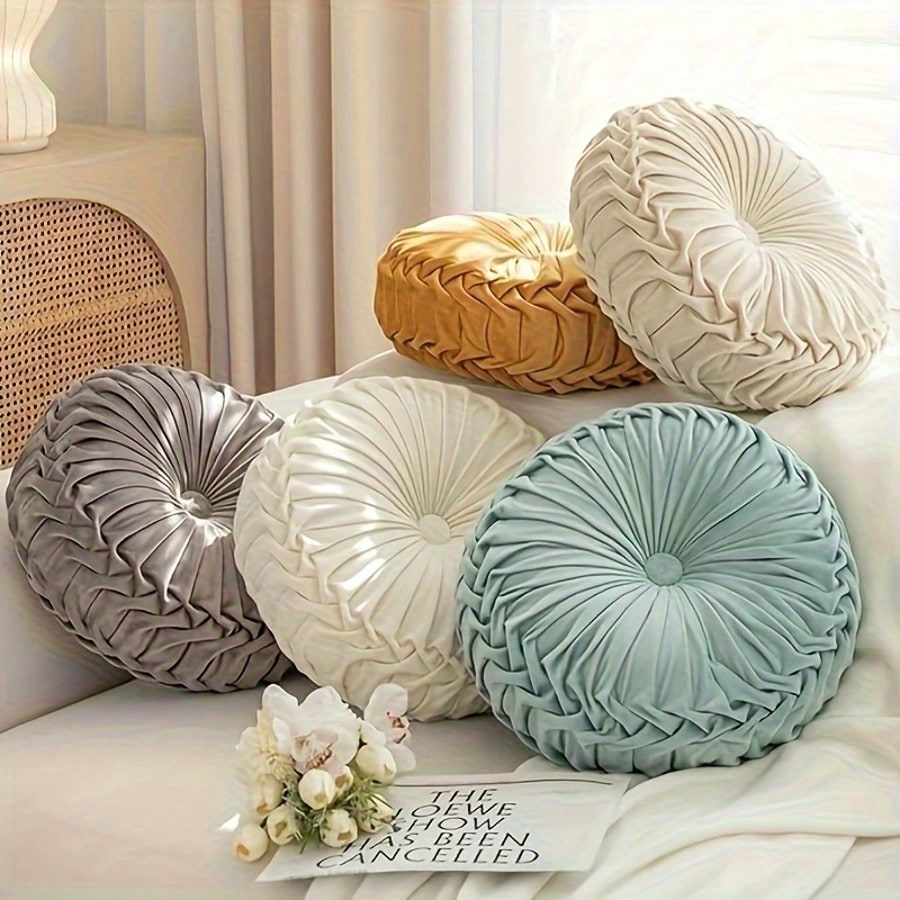 1pc Decorative Round Pleated Seat Cushion, Classy Accent Wheel Throw Pillows With Center Button, Vintage Velvet Floor Pillow For Sofa Couch Vanity Chair Bed