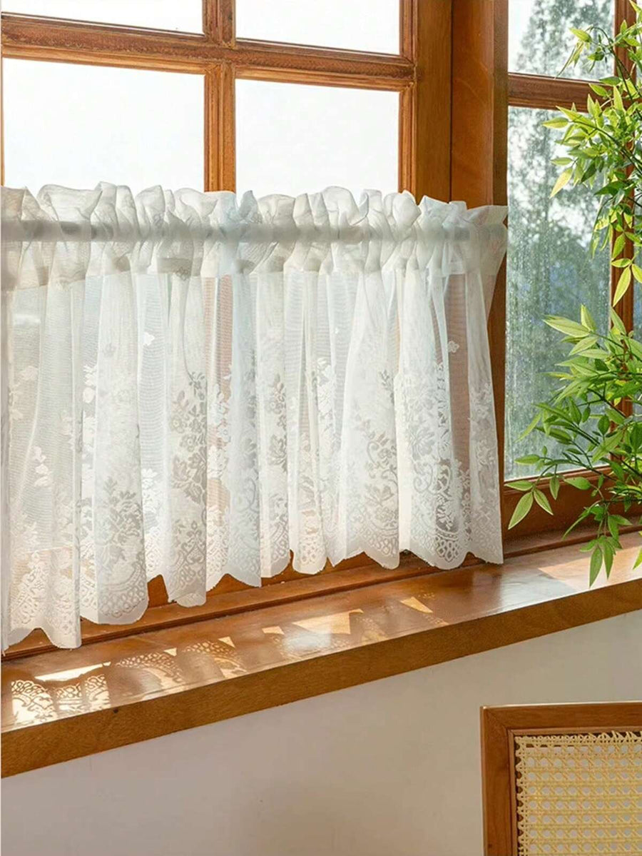 1pc Rod Pocket Ruffled Lace White Half Curtain, Farmhouse Style Short Curtain, Kitchen Curtain, Room Divider, Cabinet Decor