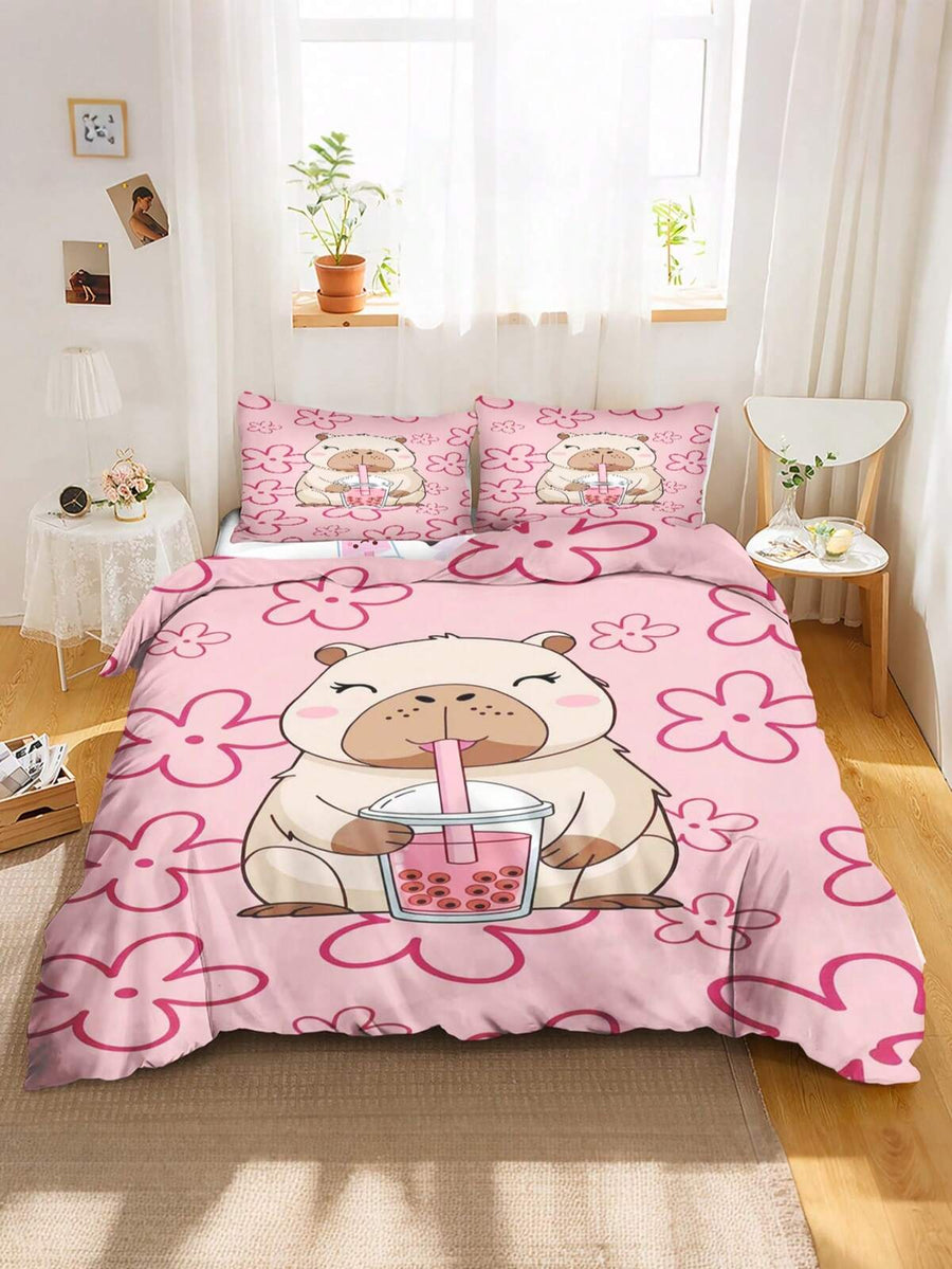 2/3PCS Cute Capybara Drinking Boba Tea Pink Floral Bedding Set For Kids Teens, Soft Cartoon Animal Duvet Cover Set With Pillowcases, For Boys Girls All Seasons With Zipper Clips 200x200cm