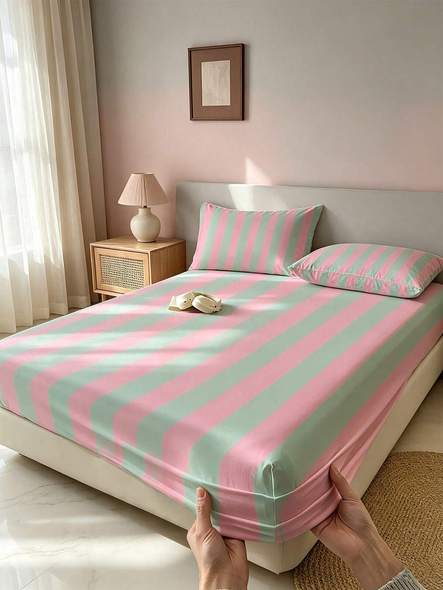 1pc Pink And Mint Green Striped Fitted Sheet Set, Soft Skin-Friendly Mattress Cover, Deep Pocket Non-Slip Sheet With Pillowcase, All-Season Bedding, Suitable For Twin, Full, Queen And King Size Beds